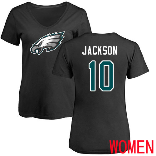 Women Philadelphia Eagles #10 DeSean Jackson Black Name and Number Logo Slim Fit NFL T Shirt->nfl t-shirts->Sports Accessory